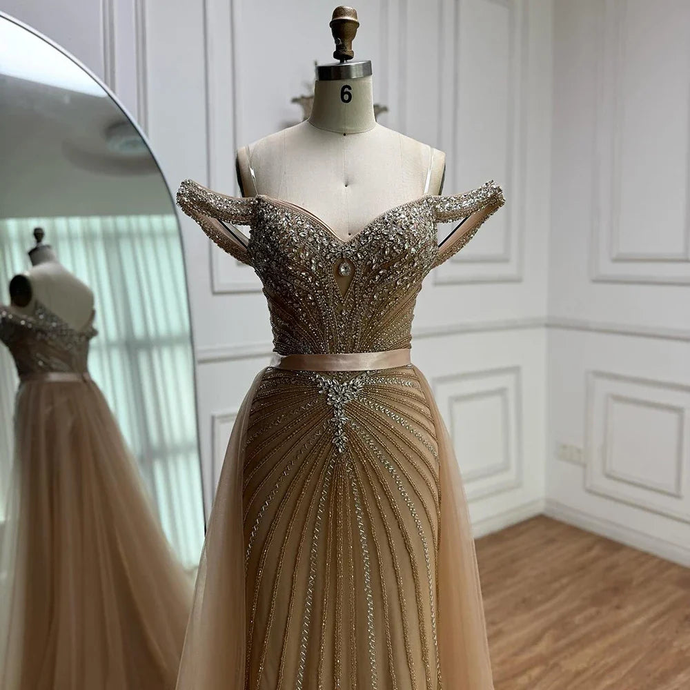 Zapdress 2026 Nude Luxury Beaded Mermaid Off Shoulder Evening Dress Formal Party Gowns for Women Customized (ZD17260)