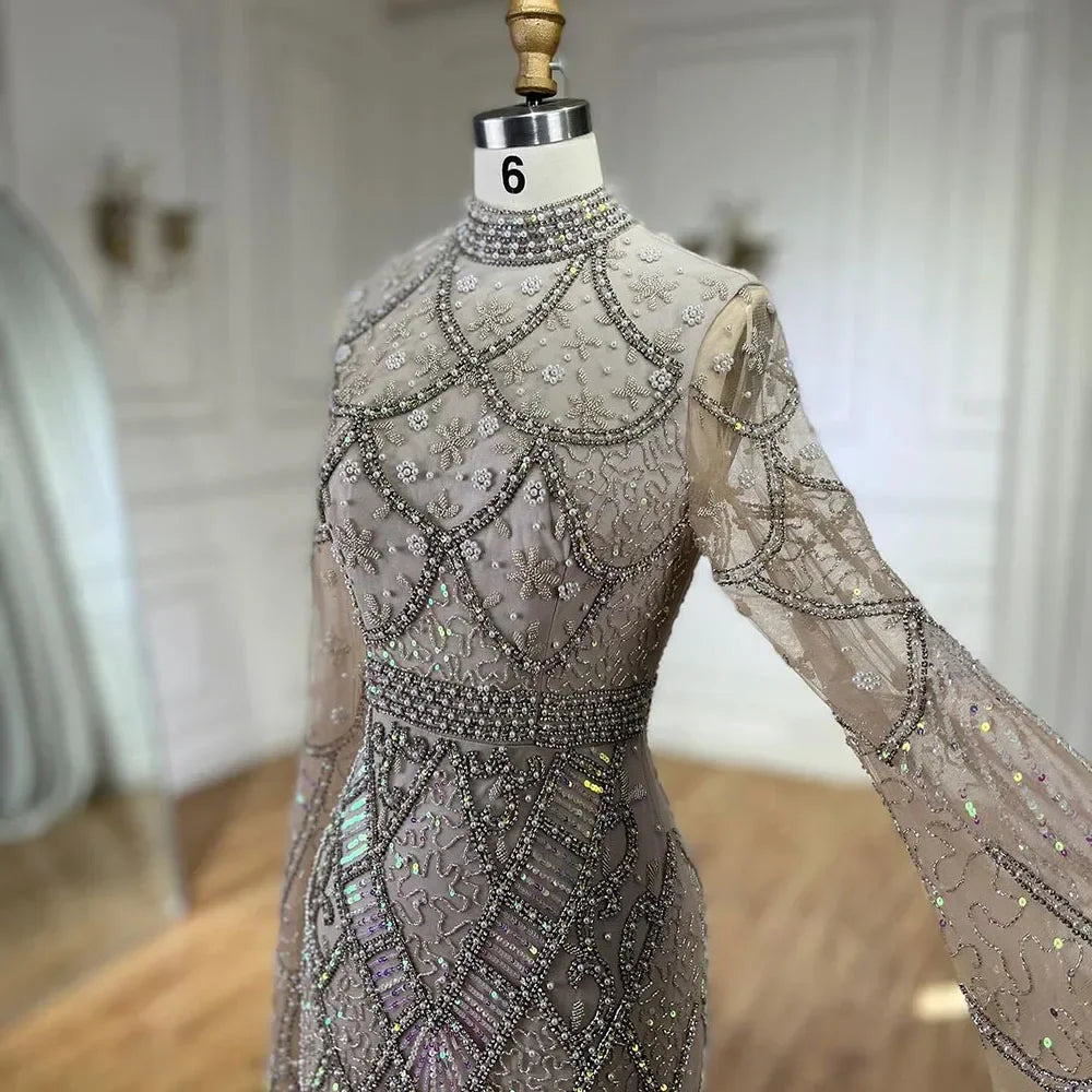 Zapdress Customized Muslim Gray Mermaid Cape Sleeve Beaded Evening Dress Dubai Elegant Party Gowns 2025 for Women (ZD17187)