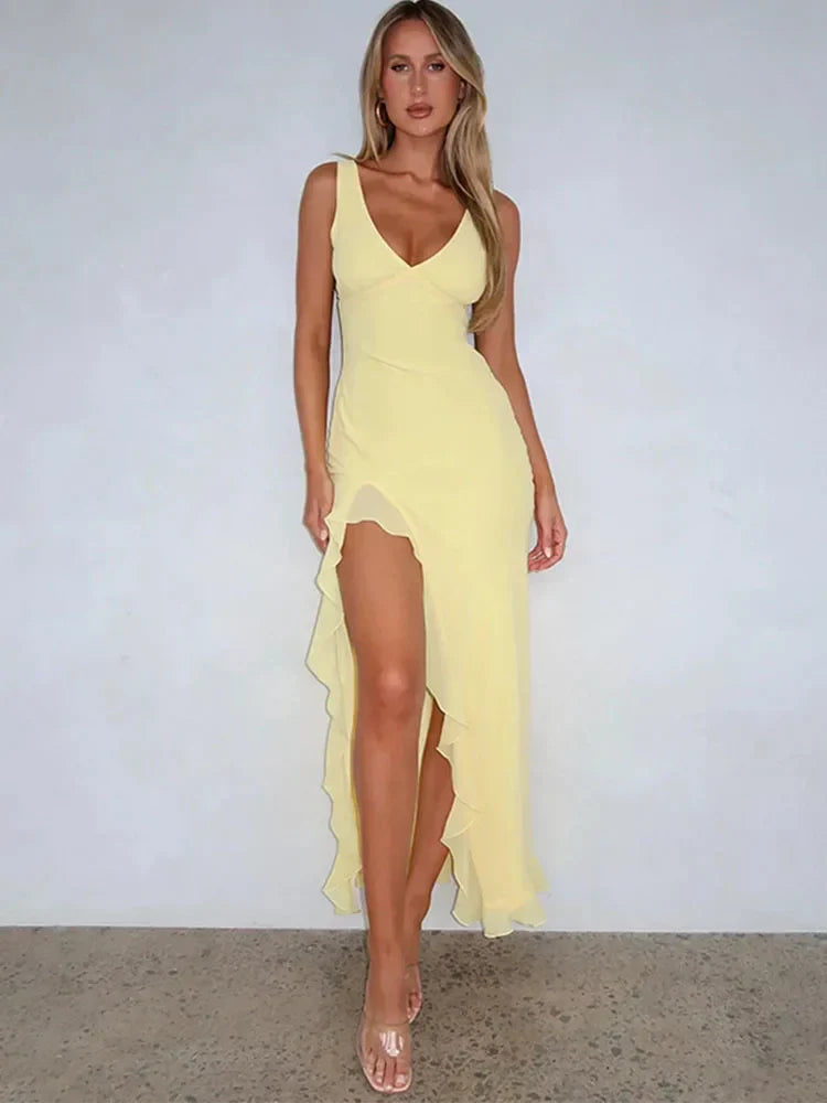Ruffle High Split Evening Midi Dress
