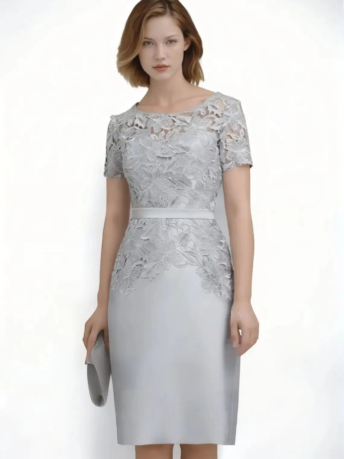 Mother Of The Bride Dress - Elegant Formal Evening Dress Satin Scoop Neck Knee-Length Cocktail Dress Applique Mother of the Bride Dress Free Customized Silver