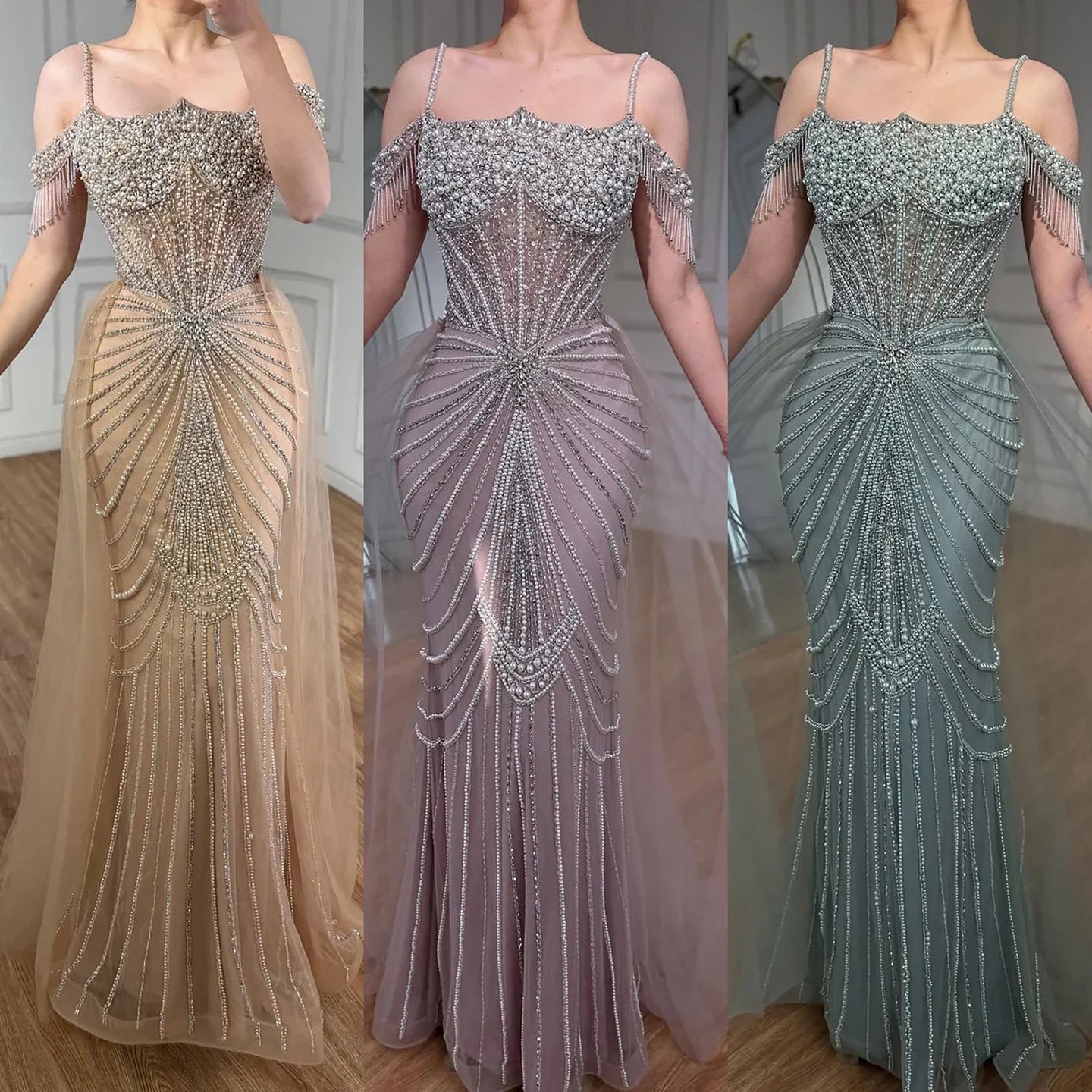 Zapdress 2026 Mermaid Evening Gowns Pearl Beaded Tassel Formal Party Dresses for Wedding Guest DLA73148B Customized (ZD17311)