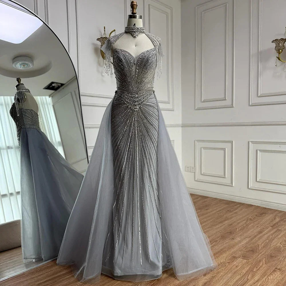 Zapdress Nude Mermaid Tassel Beaded Evening Dress with Detachable Overskirt Formal Party Gown for Women DLA73182 Customized (ZD17178)