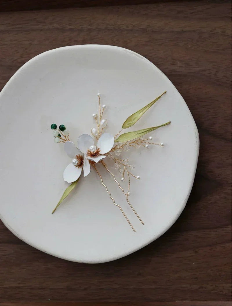 Bridal Jewelry Imitation Pearl Hairpin Gold Color Head Piece For Brides Women Flower Leaf Hair Comb Pin Clip Wedding Accessories