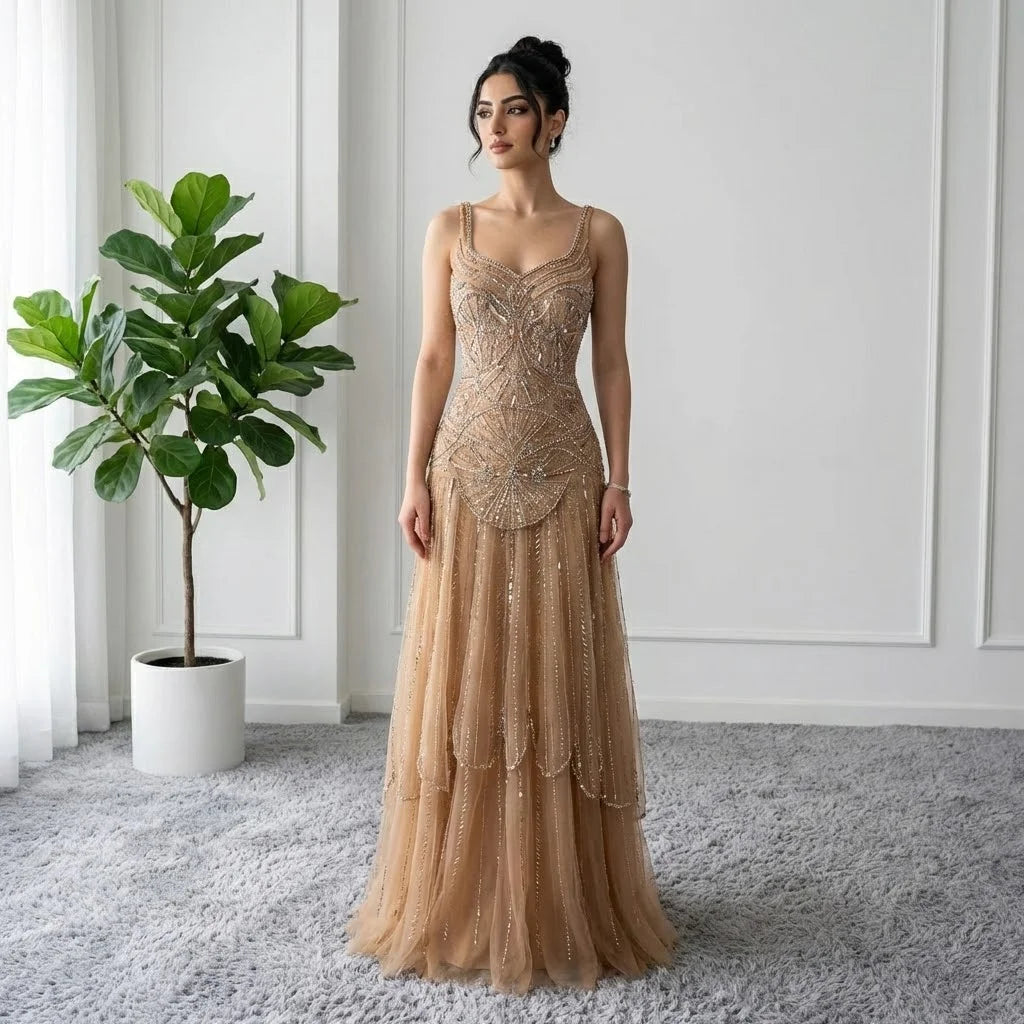 Zapdress Customized 2026 Nude A-line Beaded Evening Dresses Luxury Party Gowns for Women (ZD17184)