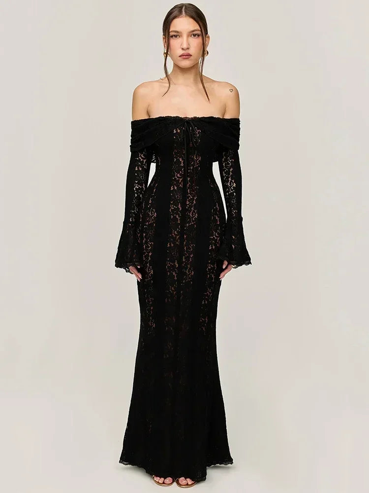 Winter Elegant Maxi Wedding Guest Lace Dress - VelvetHem