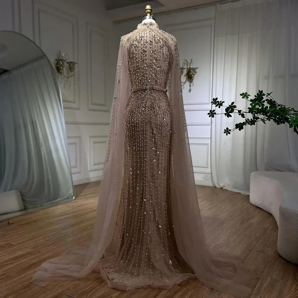 Dubai Grey Mermaid Cape Sleeves Pearls Beaded Elegant Evening Dresses Gowns 2025 Wedding Party DLA72372 Customized (ZD17362)