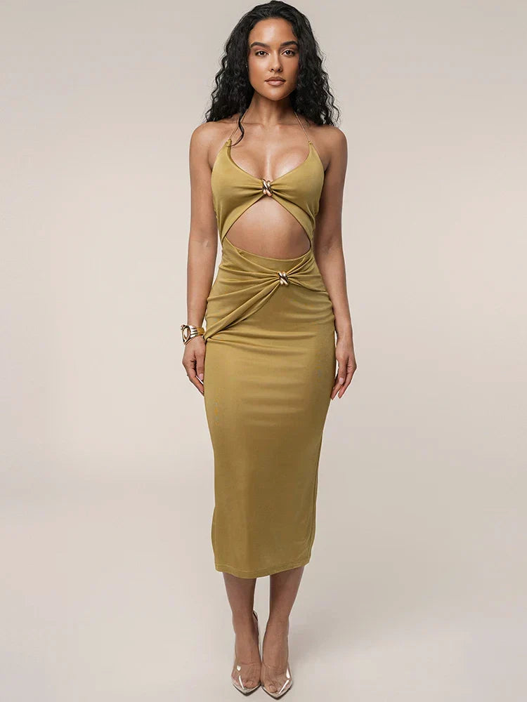 Cutout Chain Metal Halter Midi Dress - VelvetHem