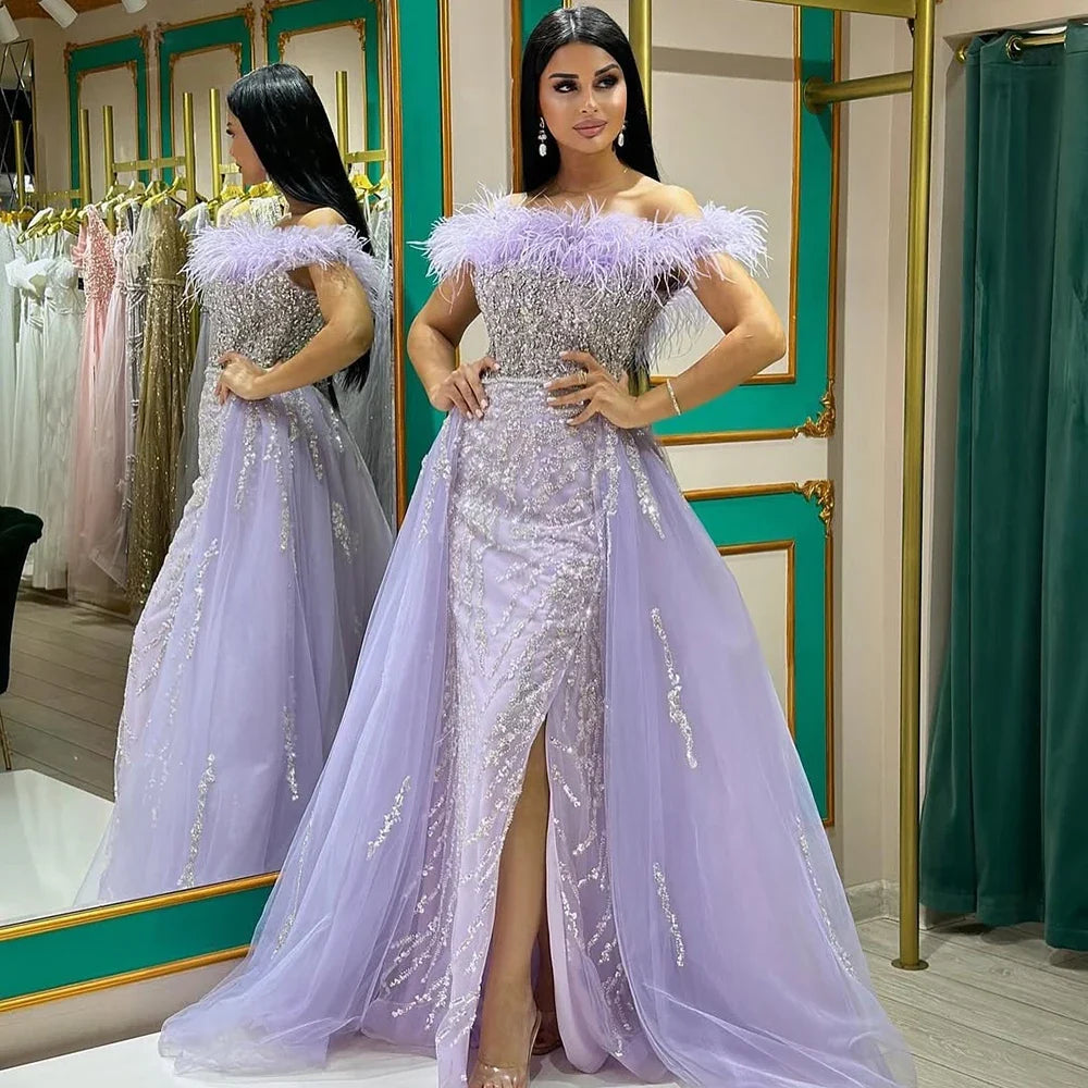 Zapdress Yellow Feathers Beaded Mermaid Evening Dresses with Overskirt Side Slit Party Gowns for Women DLA72061 Customized (ZD17213)