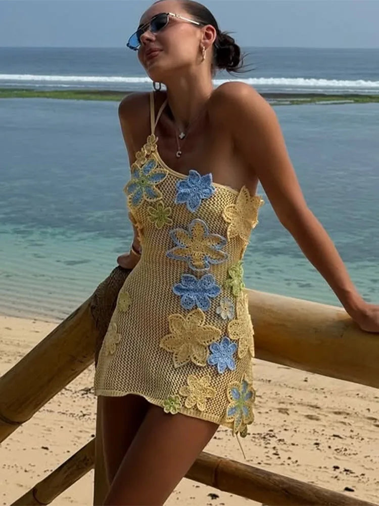 Embroidery Crochet Strap Hollow Mini Dress - VelvetHem