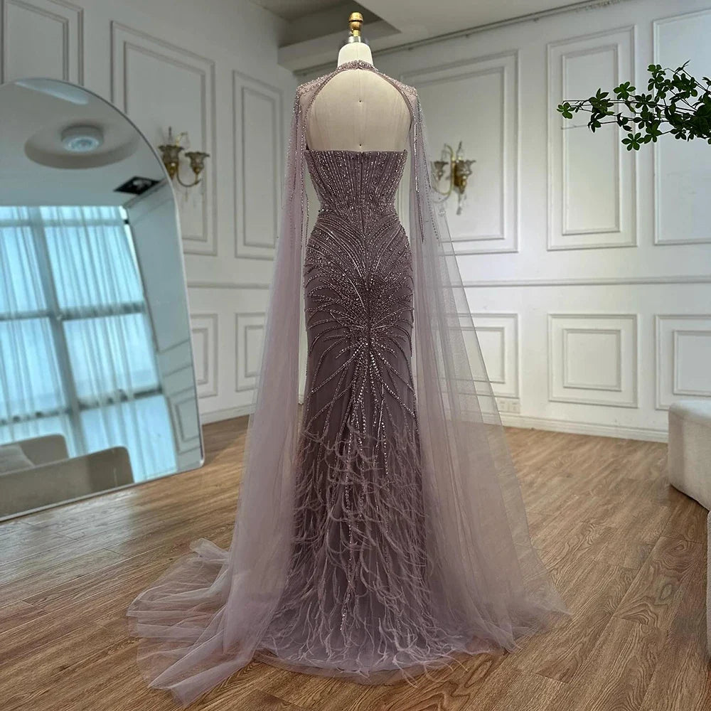 Zapdress White Nude Mermaid Evening Dresses with Cape Beaded Feathers Party Gowns for Formal Occasion Customized (ZD17198)