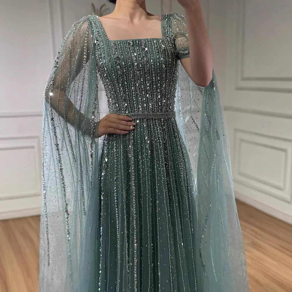 Zapdress Turquoise Square Collar Beaded Evening Dress with Cape Sleeves Dubai Pary Gowns for Women DLA73188 Customized (ZD17252)