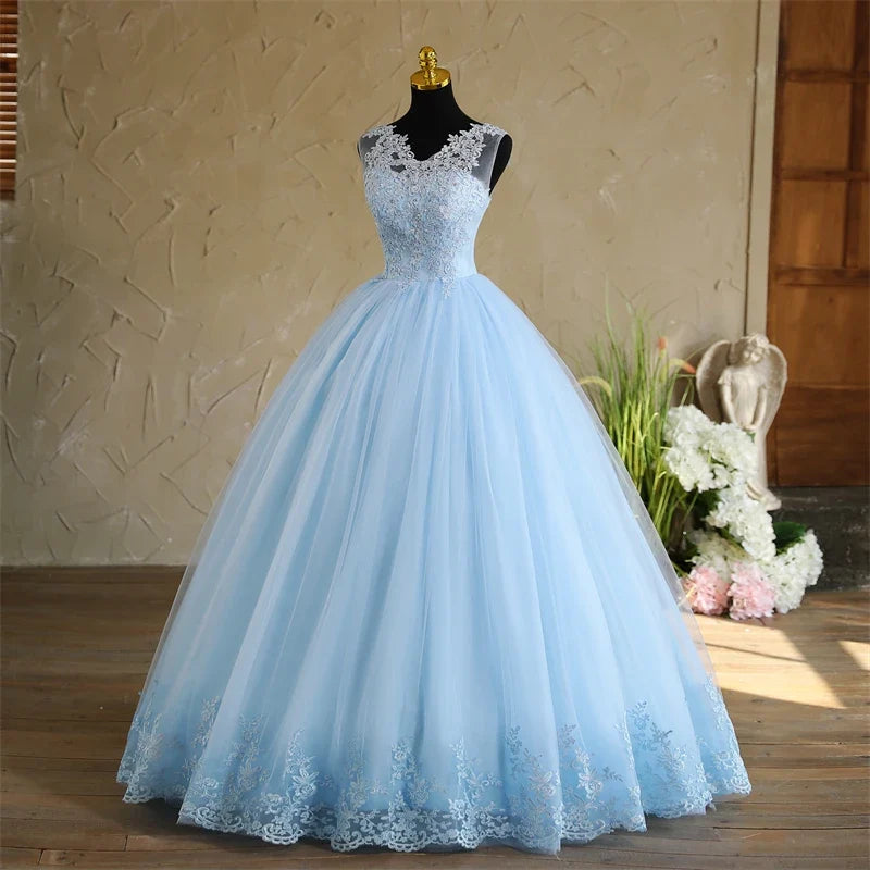 Spring New Sky Blue Quinceanera Dresses Sleeveless V-neck For Party Sweet Ball Gown Lace Appliques Prom Dress Customize Vestido (ZD17290)