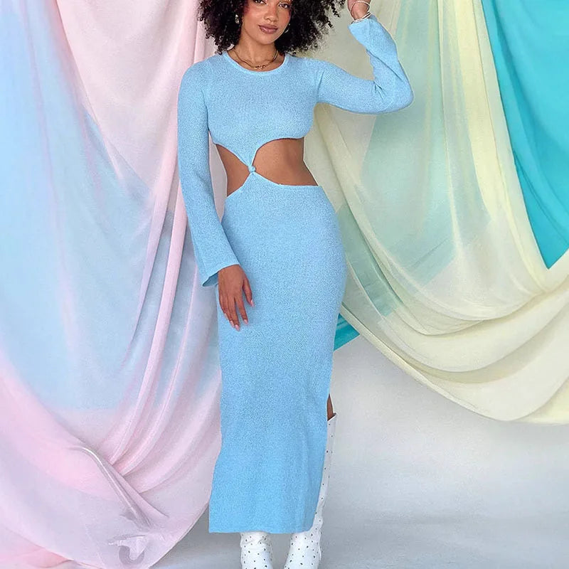 Knitted Hollow Out Solid O - neck Slit Maxi Dress