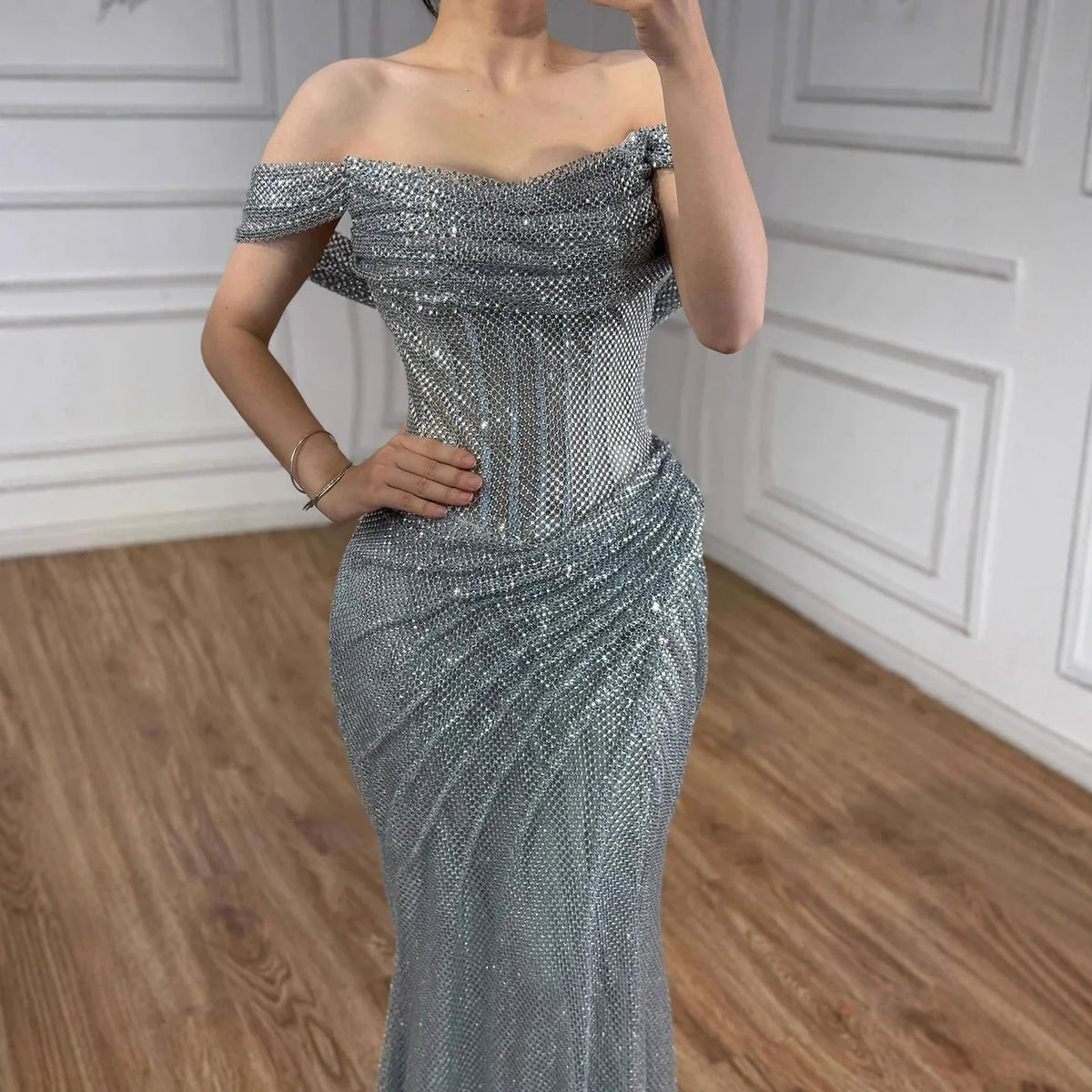 Zapdress 2026 Silver Off Shoulder Mermaid Sparkle Evening Dress Elegant Wedding Party Gowns for Women Customized (ZD17182)