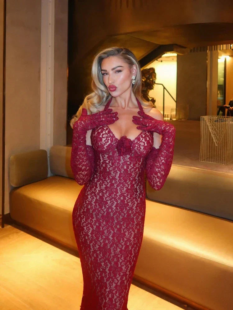 Flower Edition Mermaid Burgundy Maxi Lace Dress