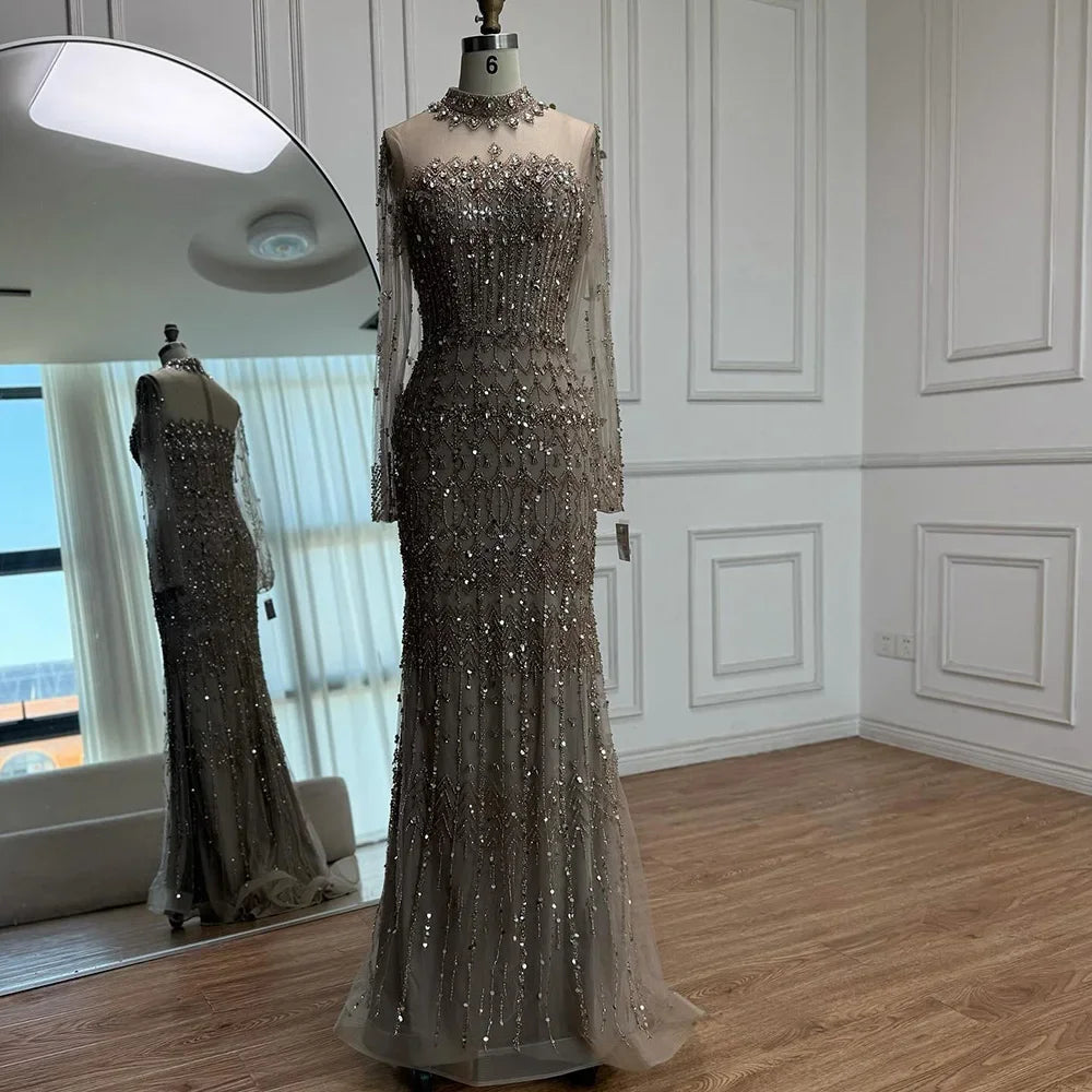 Zapdress High Neck Long Sleeves Beaded Mermaid Evening Dress Muslim Wedding Party Gowns for Women DLA72714C Customized (ZD17264)