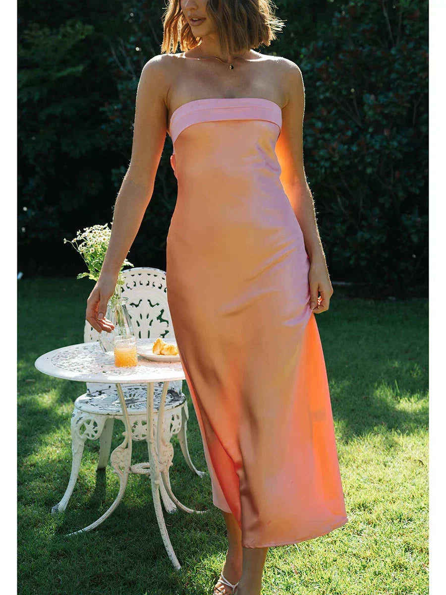 Off Shoulder Tube Elastic Silk Dress - View 2 | VelvetHem