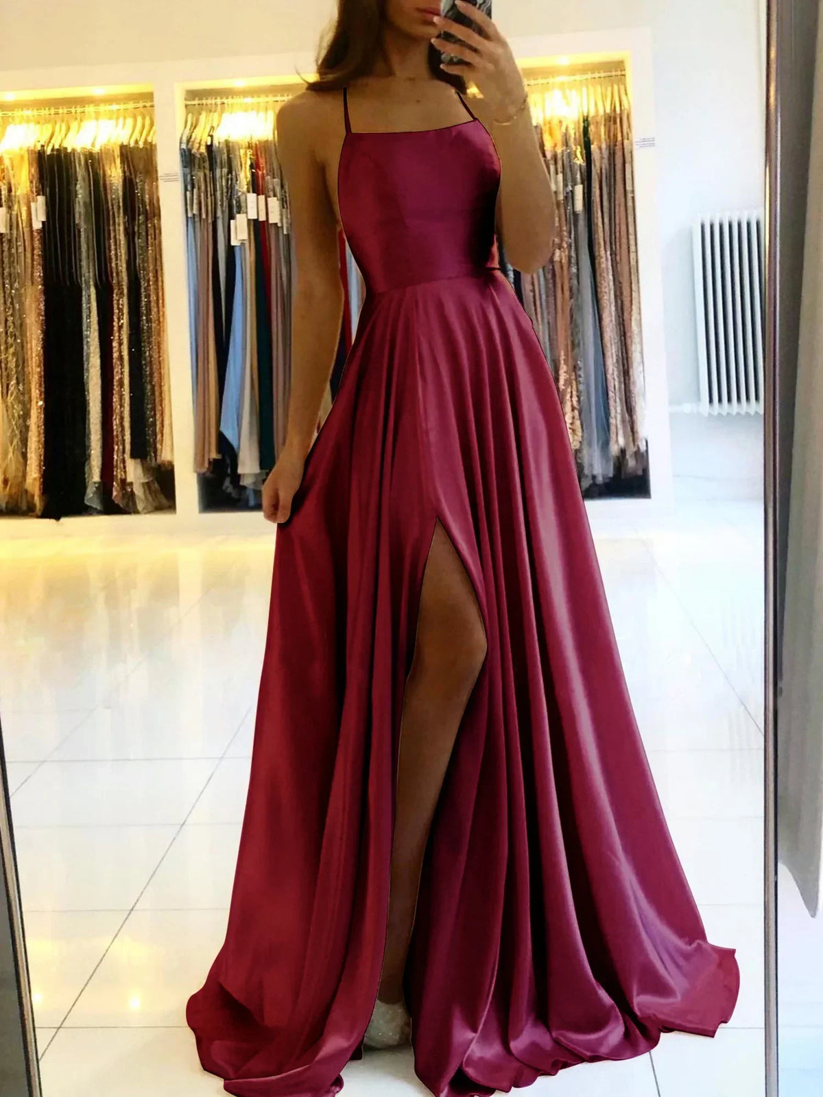 Blue Satin Spaghetti A-Line Prom Dress - View 7 | VelvetHem