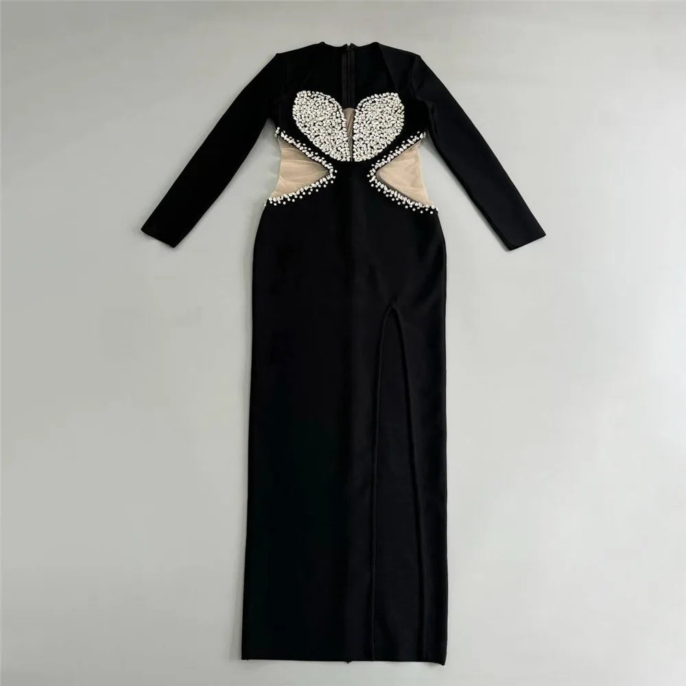 Black Color Women Long Sleeve Shinnign Crystal Waist Mesh Bodycon Bandage Long Dress Nightclub Party Celebrate Evening Dress