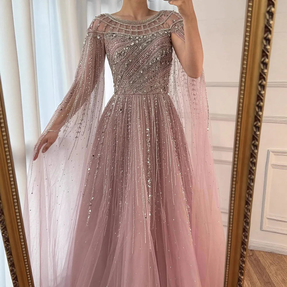 Zapdress Pink A-line Evening Dress with Cape Sleeves Beaded Wedding Party Gowns for Women DLA72994 Customized (ZD17258)