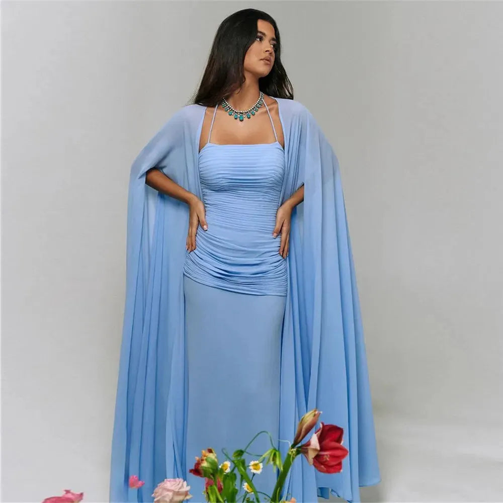 Elegant Sky Blue Chiffon Prom Dress Mermaid Long Cape Sleeves Pleated Formal Evening Dress Floor Length Party Gowns Blue