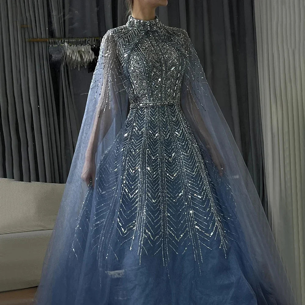 Zapdress Customized 2025 Blue Beaded A-Line Cape Sleeves Formal Evening Dresses Elegant Party Gowns for Women (ZD17192)