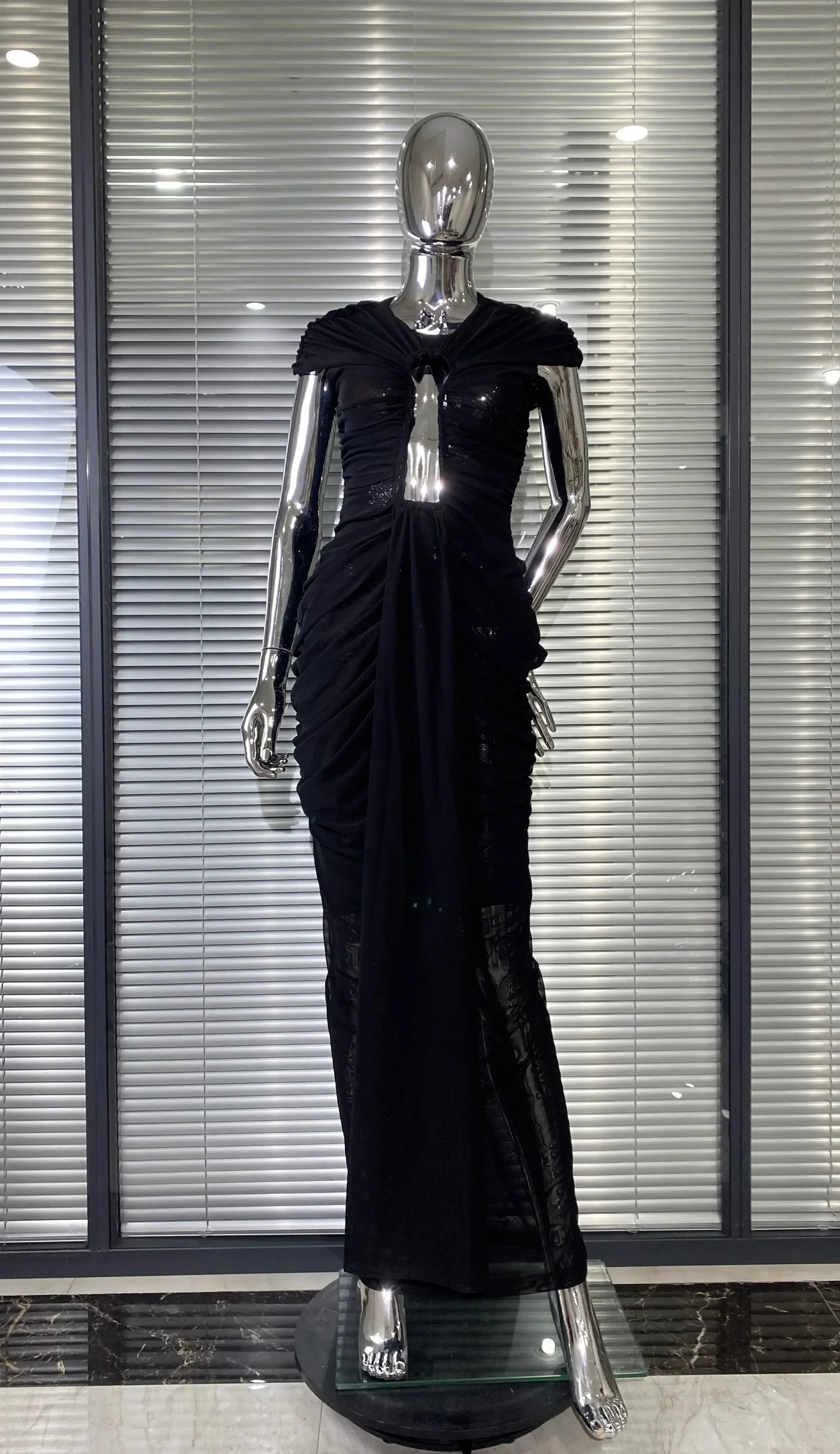 Sexy Hollow Out SeeThrough Mesh Ankle Leng Evening Dress Fashion Woman Birthday Party Vestido Celebrity Evening Party Outfit