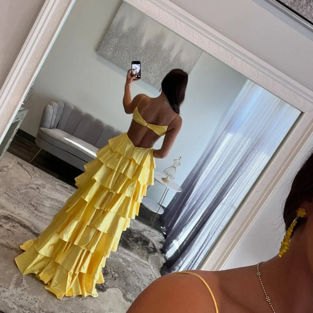 Customized Golden Emulation Silk Strapless Prom Dresses Backless vestidos de noche Floor-Length Sleeveless Formal Evening - View 2 | VelvetHem