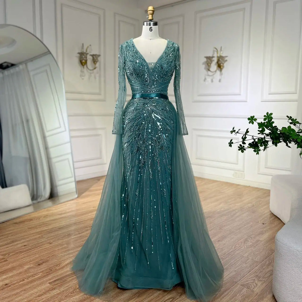 Zapdress Customized Turquoise Long Sleeves Mermaid Beaded Evening Dresses Overskirt Party Gowns For Women DLA72239A (ZD17191)