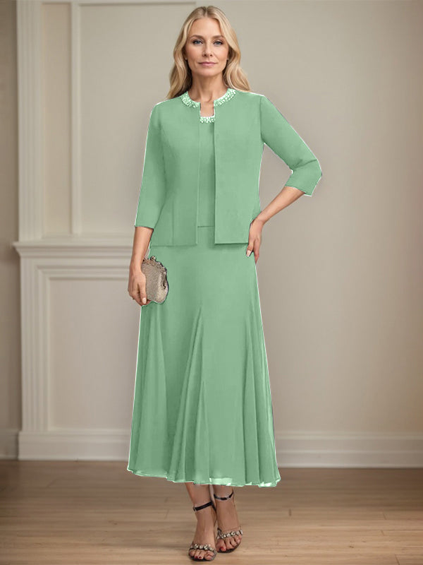 Separates A-line Scoop Tea-Length Chiffon Mother of the Bride Dress With Sequins Beading