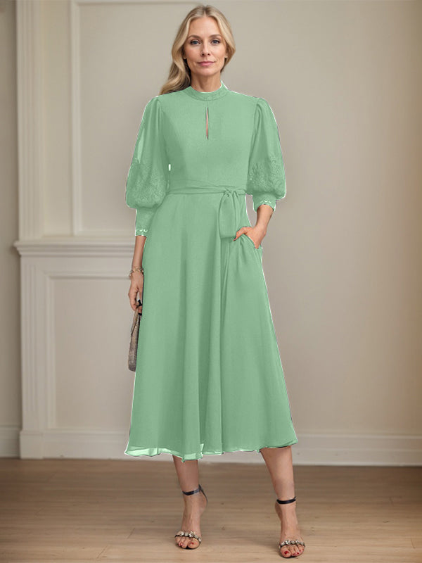 A-line High Neck Tea-Length Lace Chiffon Mother of the Bride Dress With Bow