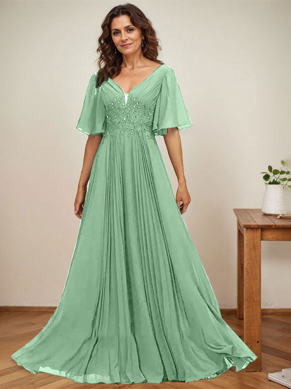 A-line V-Neck Floor-Length Chiffon Mother of the Bride Dress With Sequins Appliques Lace Pleated