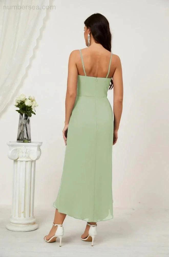 ZapDress Spaghetti Chiffon V Neck Bridesmaid Dress Mid-Length Slit Formal Prom Dress Homecoming Dress 2803 (ZD16952)
