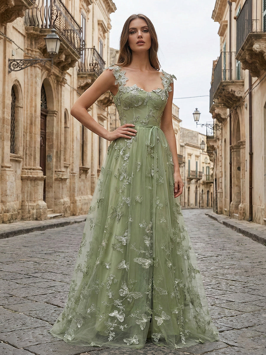 Sage Green Sweetheart A Line Butterfly Tulle Corset Prom Dress