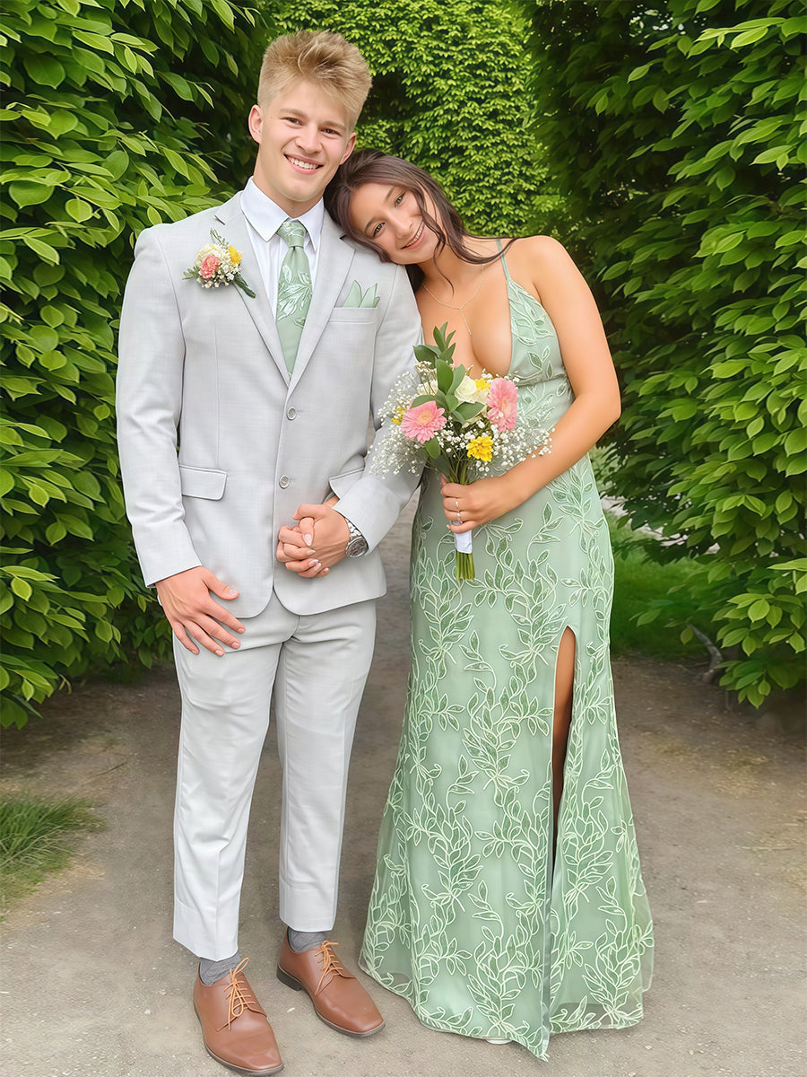 Sage Green V Neck Fitted Long Porm Dress with Slit