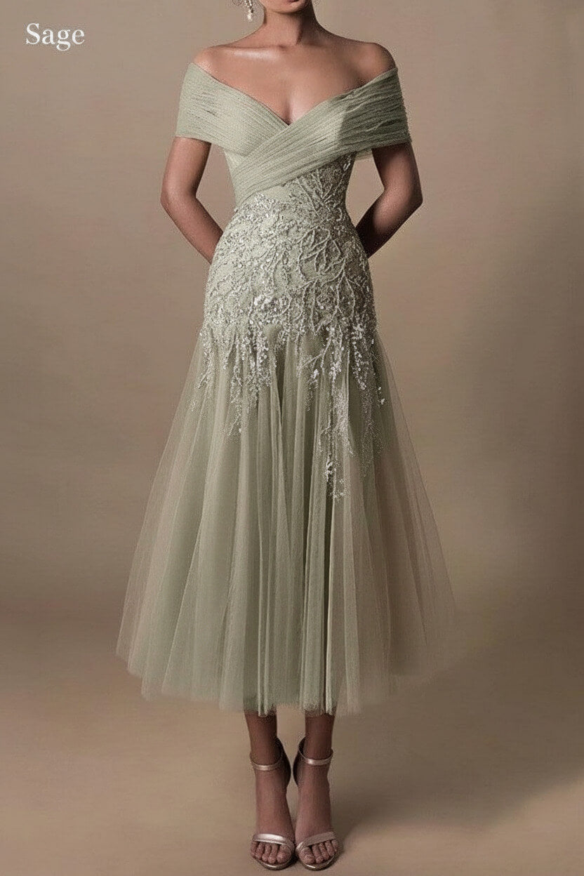 Gorgeous Short Long Off-the-Shoulder Beadings Beach Bridal Dress With Lace