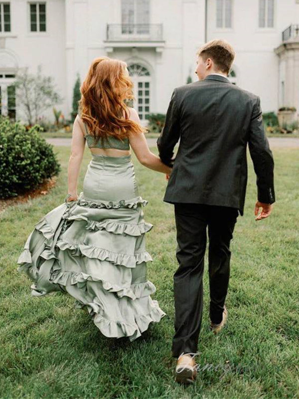 Sage A Line Keyhole Ruffle Long Prom Party Dress with Slit