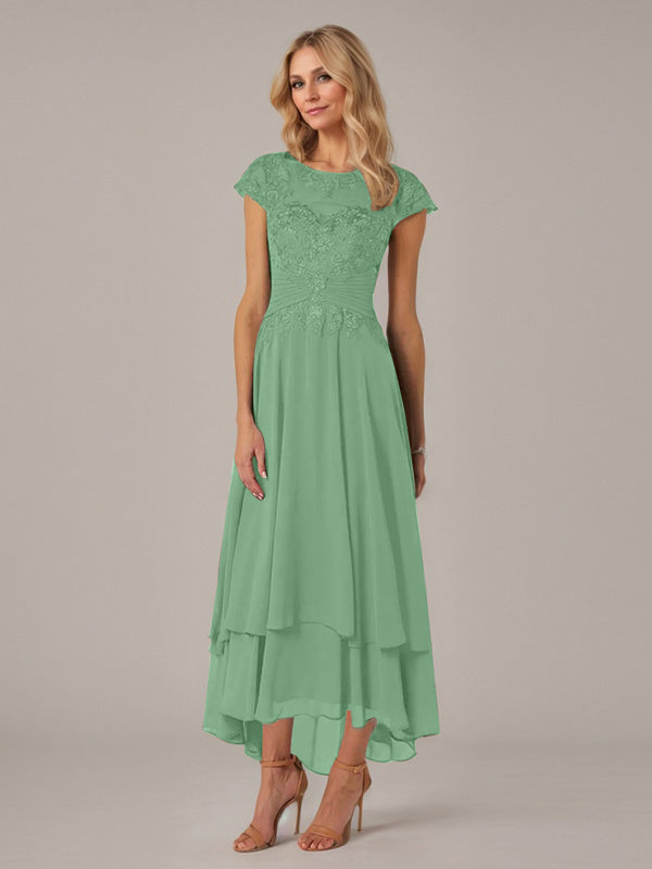 A-line Boat Neck Illusion Asymmetrical Chiffon Lace Mother of the Bride Dress With Applique Pleats