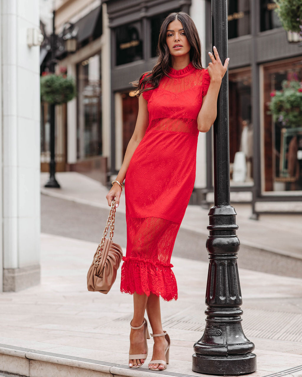 Saige Sheer Lace Midi Dress Red