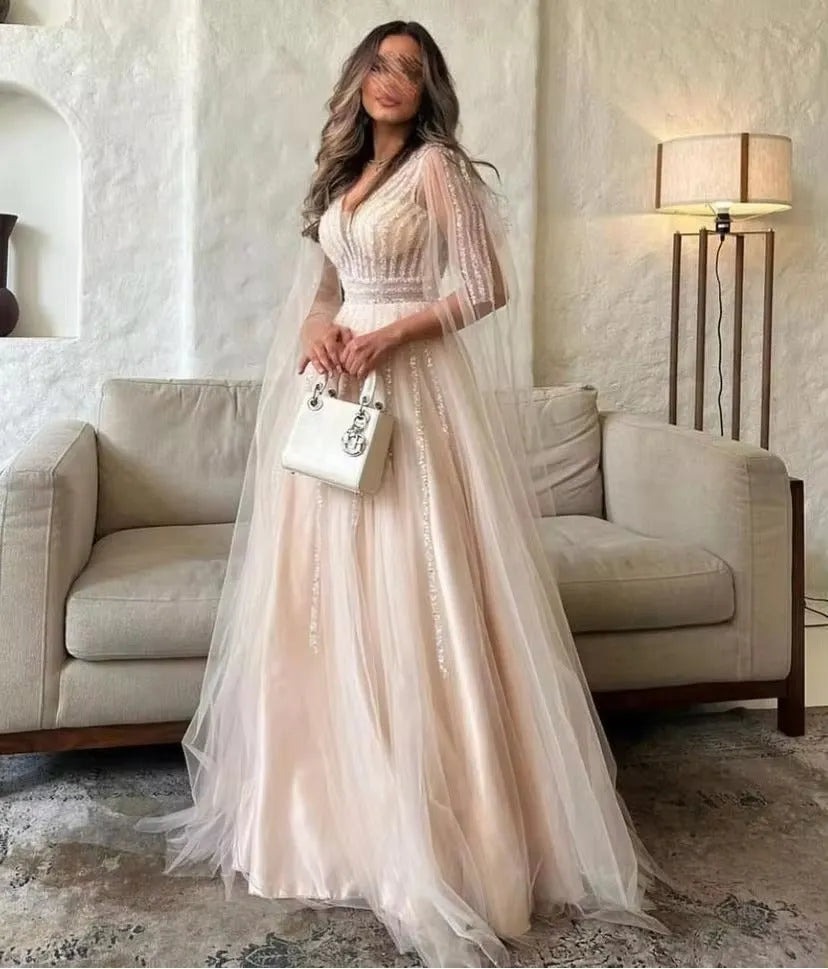 Modest Saudi Arabic Tulle Prom Dress Deep V-Line Long Cape Sleeves Floor Length Formal Evening Dress Women Party Gowns