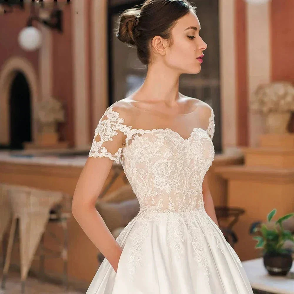 Satin A-Line Decal Wedding Dresses Women's Sweetheart Off Shoulder Button Backless Robe De Marée Lace Bridal Gowns With Pockets (ZD14173)