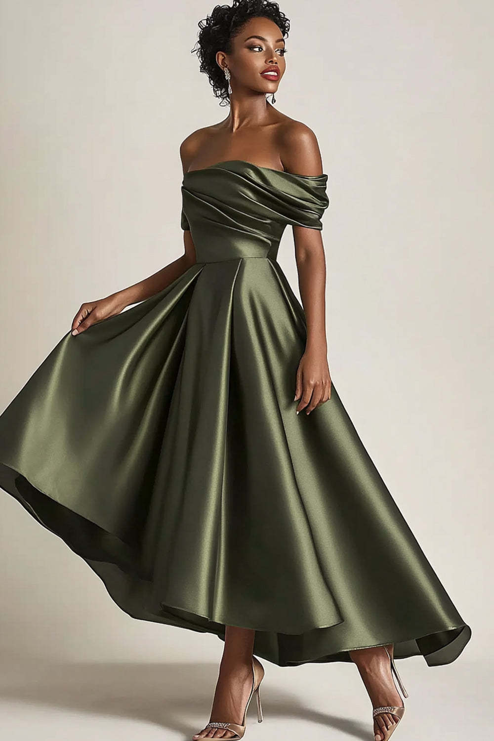 Satin Olive Wedding Guest Dress A-Line Off The Shoulder Ruched Ankle Length Formal Dress