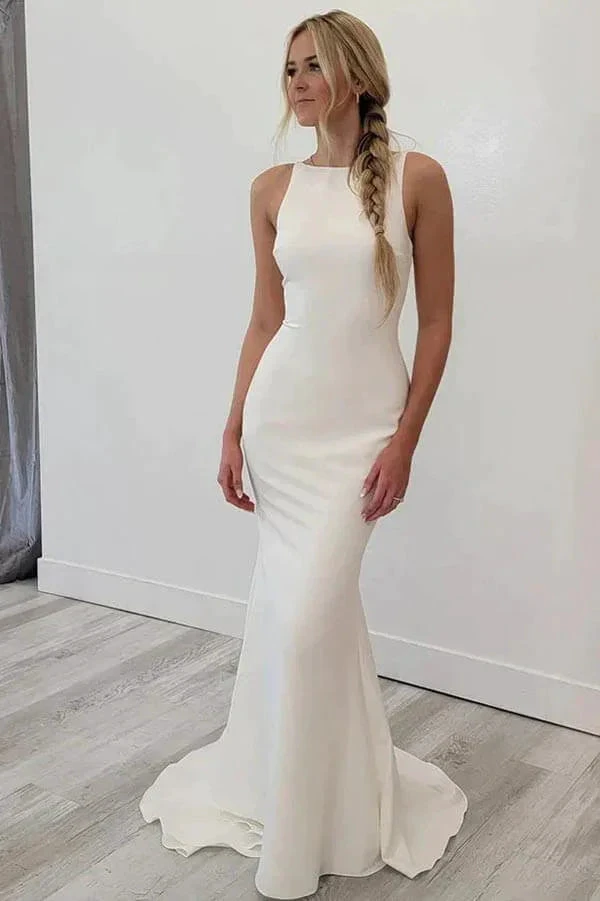 Satin Mermaid Open Back Beach Wedding Dresses Simple Bridal Gowns (ZD16166)