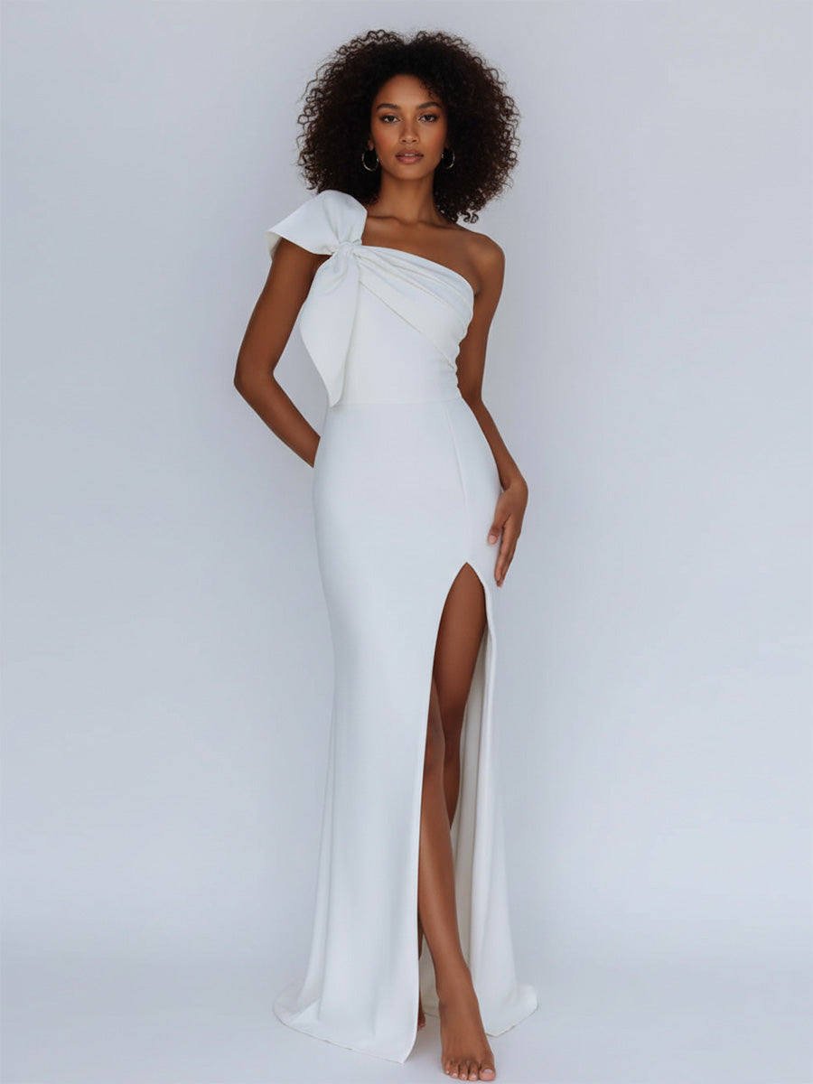 Satin One Shoulder Ruched Long Prom Dress with Bow