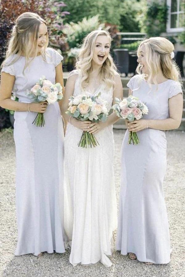 Satin Sheath Bateau Neck Cap Sleeves Lace Bridesmaid Dresses (ZD12824)