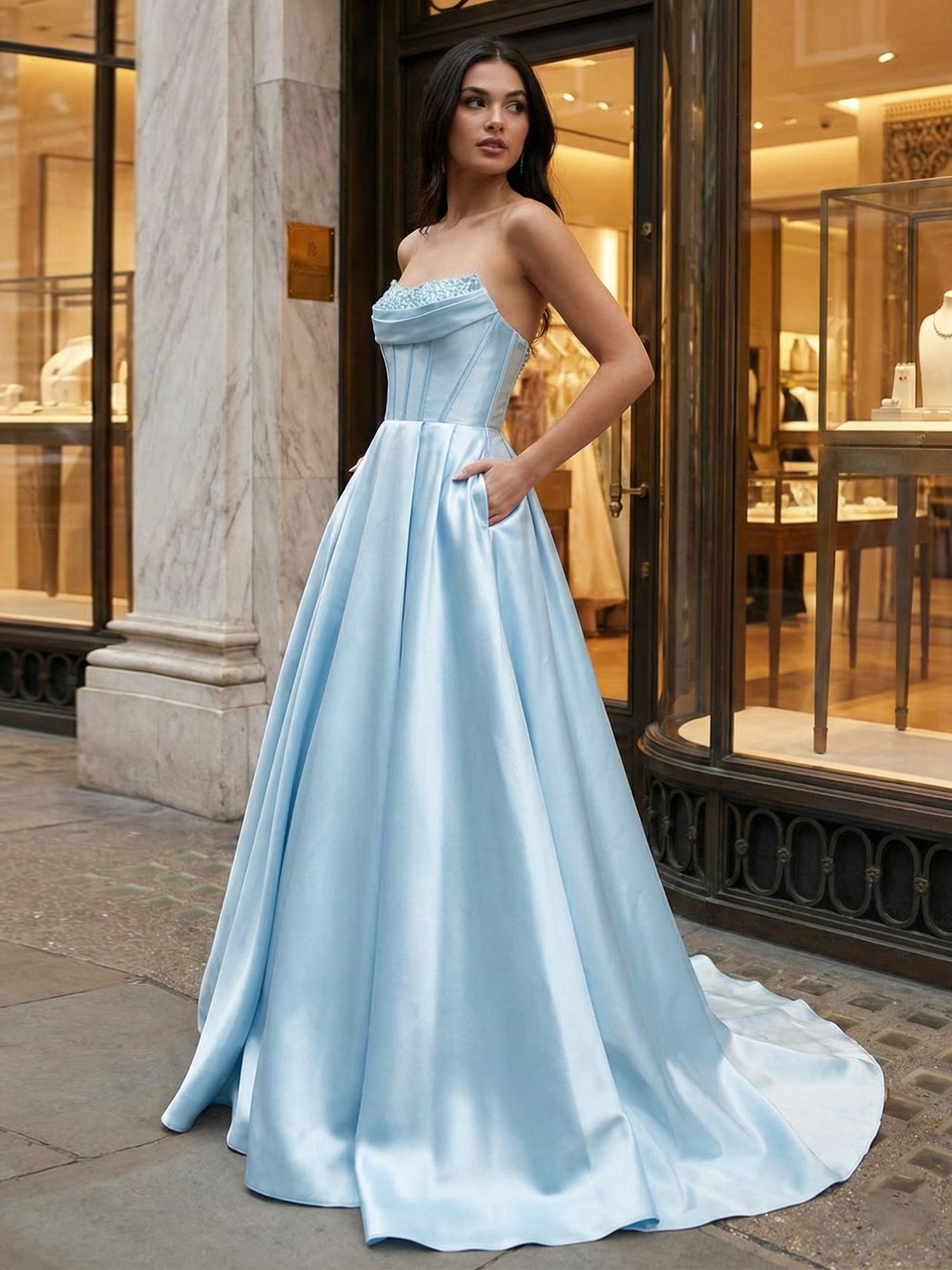 Satin A-Line Beaded Corset Long Prom Dress with High Slit