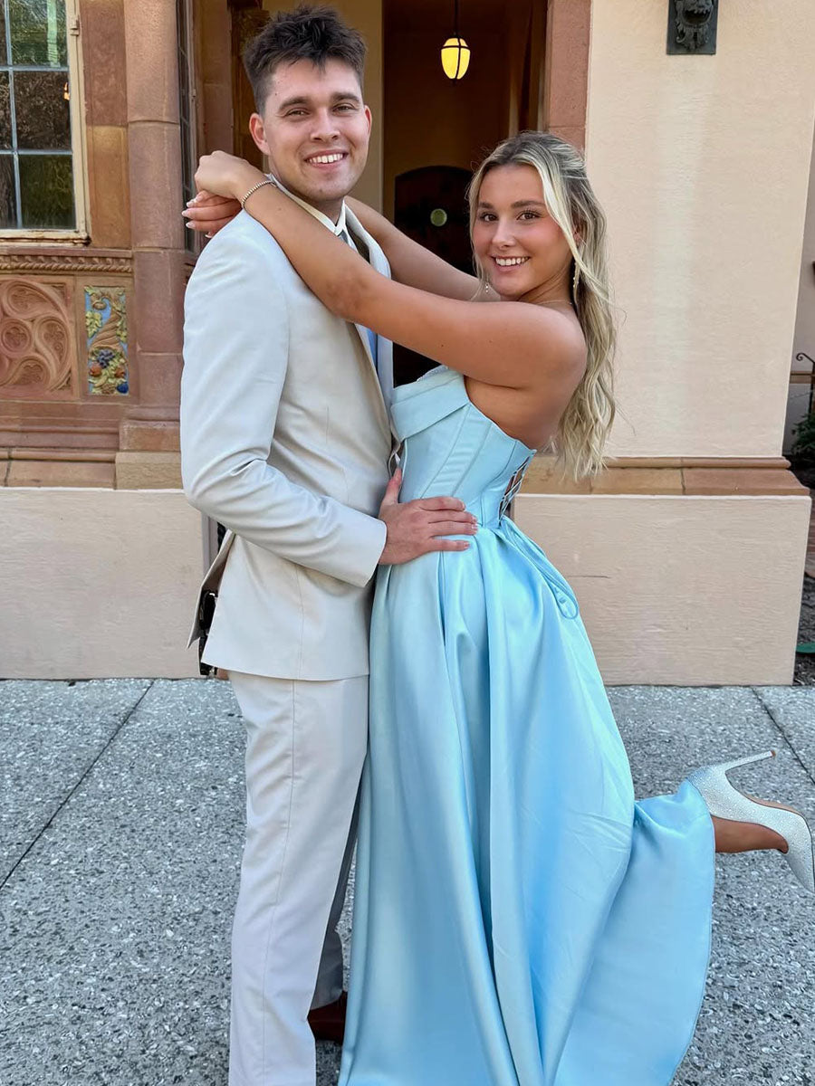 Satin A-Line Beaded Corset Prom Dress with High Slit
