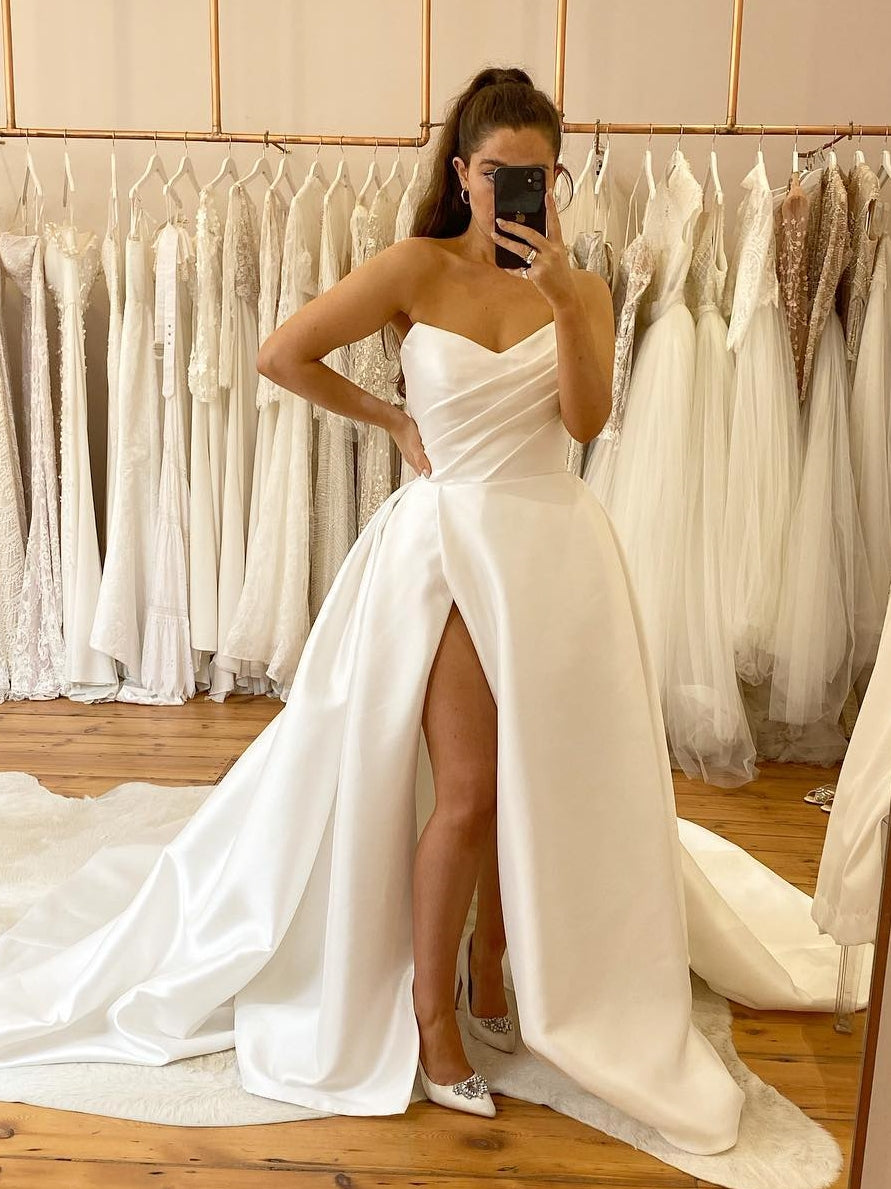 Sweetheart Pleated Satin Ballgown High Slit Bridal Dress