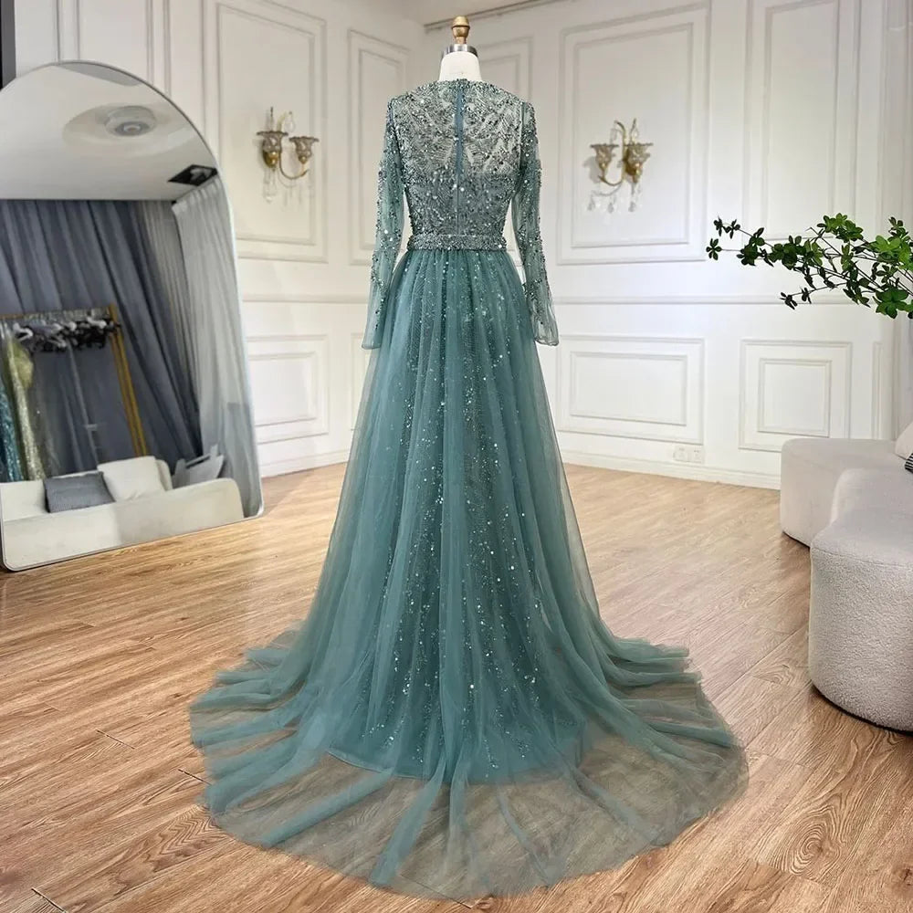 Zapdress Customized Turquoise Mermaid Party Gown Overskirt Beaded Evening Dress for Women Wedding 2024 (ZD17228)