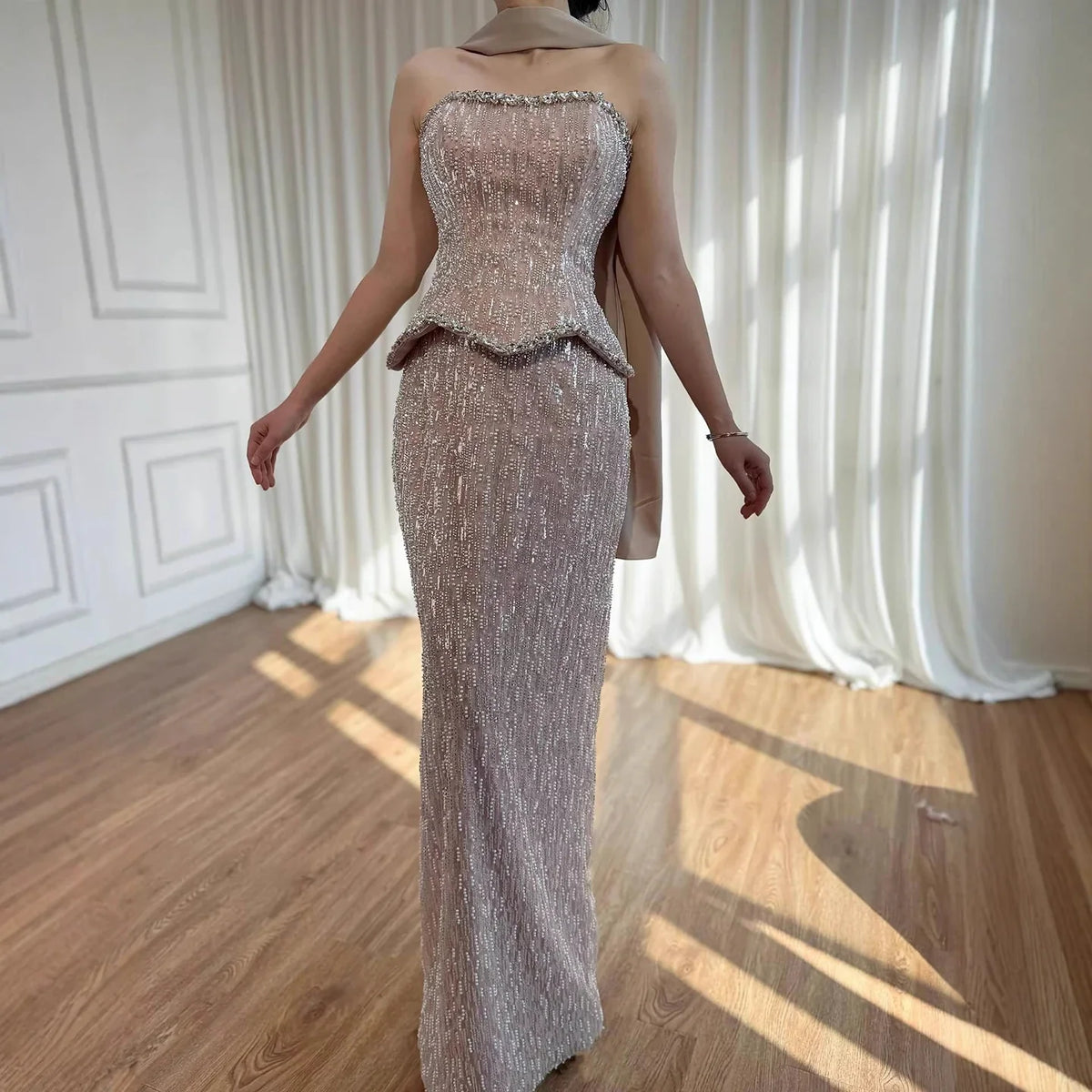 Zapdress Luxury Beaded Evening Dresses Strapless Peplum Vestidos De Fiesta Wedding Party Formal Wear Gown for Women DLA73076A (ZD17305)